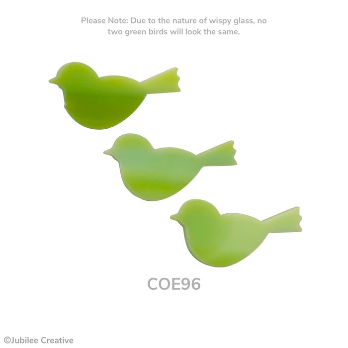 Three COE96 fusible precut glass birds in the color green. Sold separately.