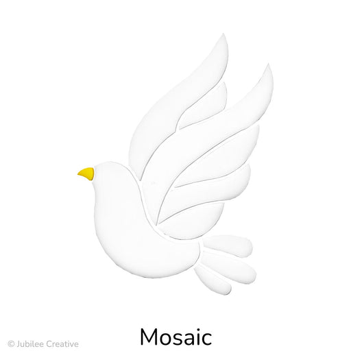 Image of a white mosaic dove made from individual curved glass pieces, with an upward wing span and a small yellow beak. The bird has a graceful, flowing shape and appears to be in flight.