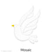 Image of a white mosaic dove made from individual curved glass pieces, with an upward wing span and a small yellow beak. The bird has a graceful, flowing shape and appears to be in flight.