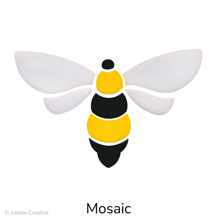 image of a fusible precut glass mosaic bee. design features 9 pieces with the wings in wispy white and the body in black and yellow.