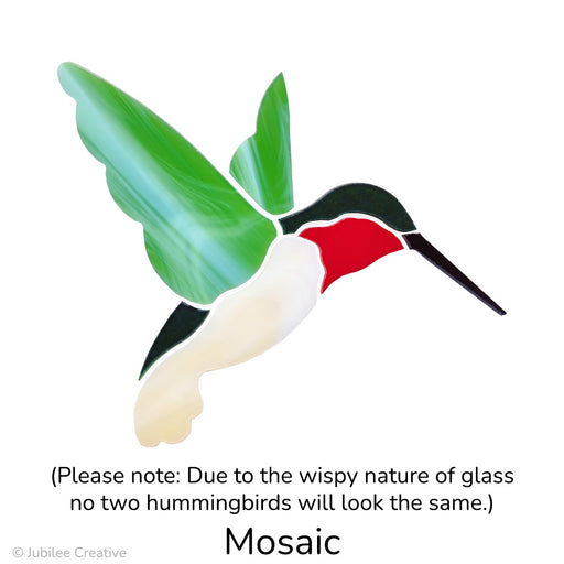 image of a mosaic precut glass hummingbird with wispy green wings, green iridized head and butt, wispy brown body, red throat and a black beak - due to the wispy glass no two hummingbirds will look the same.