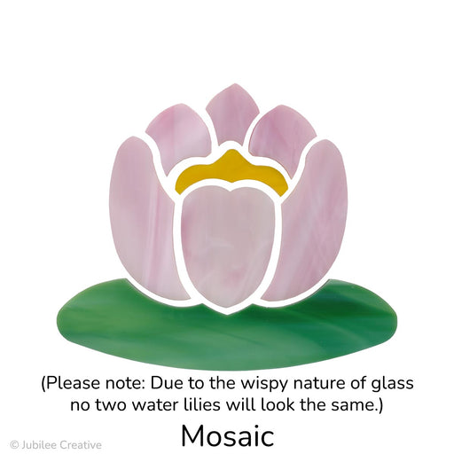 image of a mosaic precut glass water lily with wispy green lily pad and wispy pink lily petals with a yellow center - due to the wispy glass no two water lilies will look the same.