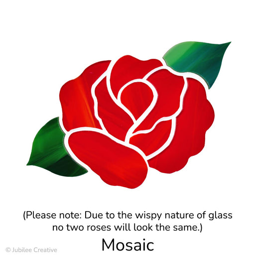 image of a mosaic precut glass red rose with wispy green leaves and wispy red rose petals - due to the wispy glass no two roses will look the same.