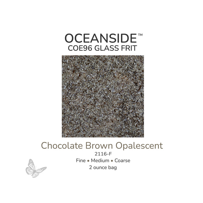 Oceanside COE96 Chocolate Brown Opalescent 2116-F glass frit available in Fine, Medium, and Coarse 2 ounce bags
