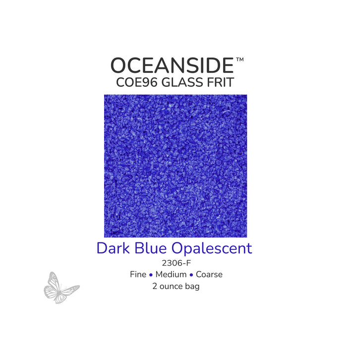 Oceanside COE96 Dark Blue Opalescent 2306-F glass frit available in Fine, Medium, and Coarse 2 ounce bags