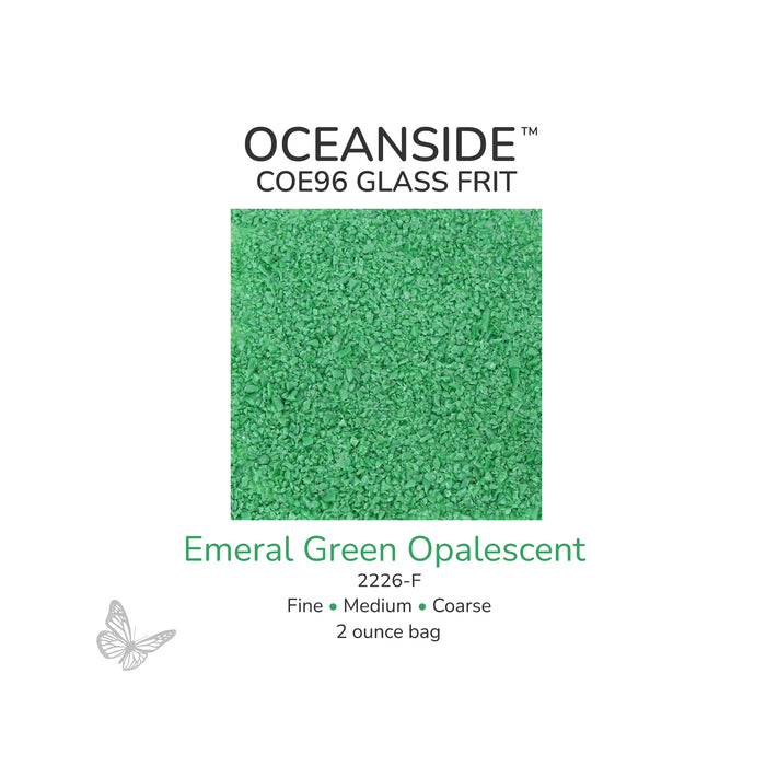 Oceanside COE96 Emerald Green Opalescent 2226-F glass frit available in Fine, Medium, and Coarse 2 ounce bags