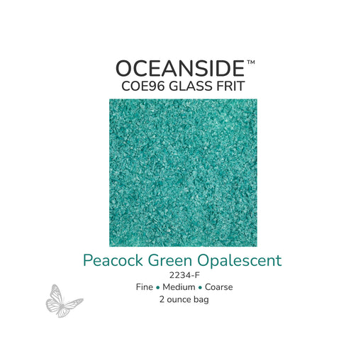 Oceanside COE96 Peacock Green Opalescent 2234-F glass frit available in Fine, Medium, and Coarse 2 ounce bags