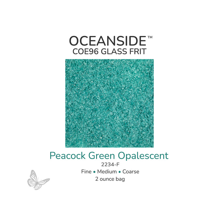 Oceanside COE96 Peacock Green Opalescent 2234-F glass frit available in Fine, Medium, and Coarse 2 ounce bags