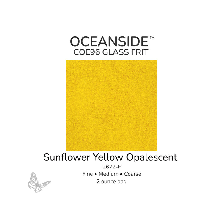 Oceanside COE96 Sunflower Yellow Opalescent 2672-F glass frit available in Fine, Medium, and Coarse 2 ounce bags