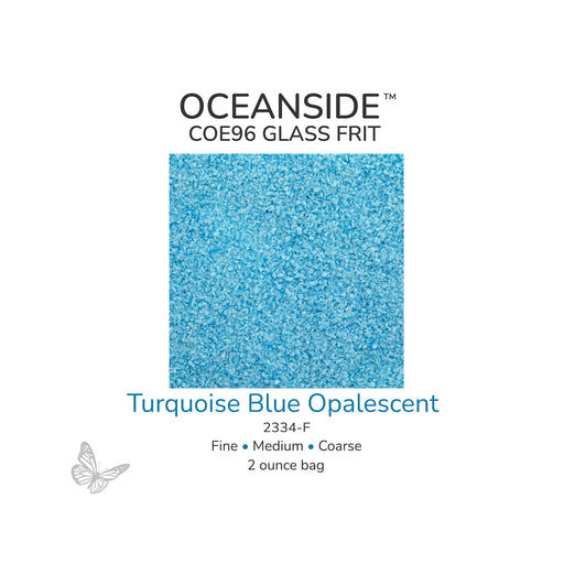 Oceanside COE96 Turquoise Blue Opalescent 2334-F glass frit available in Fine, Medium, and Coarse 2 ounce bags