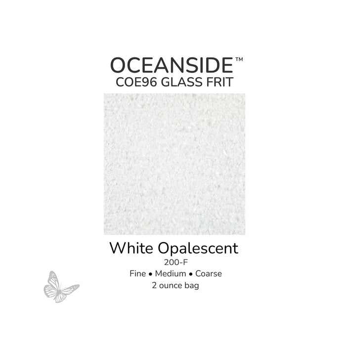 Oceanside COE96 White Opalescent 200-F glass frit available in Fine, Medium, and Coarse 2 ounce bags