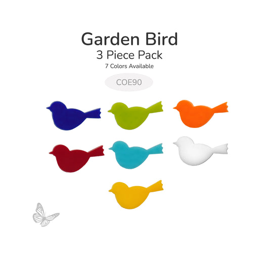 Assorted garden bird glass shapes in seven colors, 3 piece pack, COE90