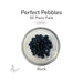 50 round black glass pebbles in a clear dish labeled Perfect Pebbles 50 Piece Pack COE90