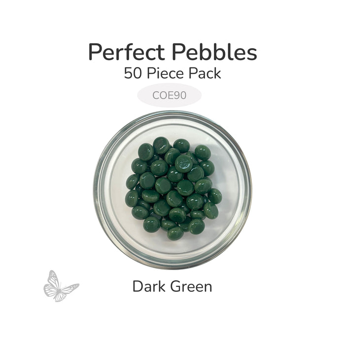 50 round dark green glass pebbles in a clear dish labeled Perfect Pebbles 50 Piece Pack COE90