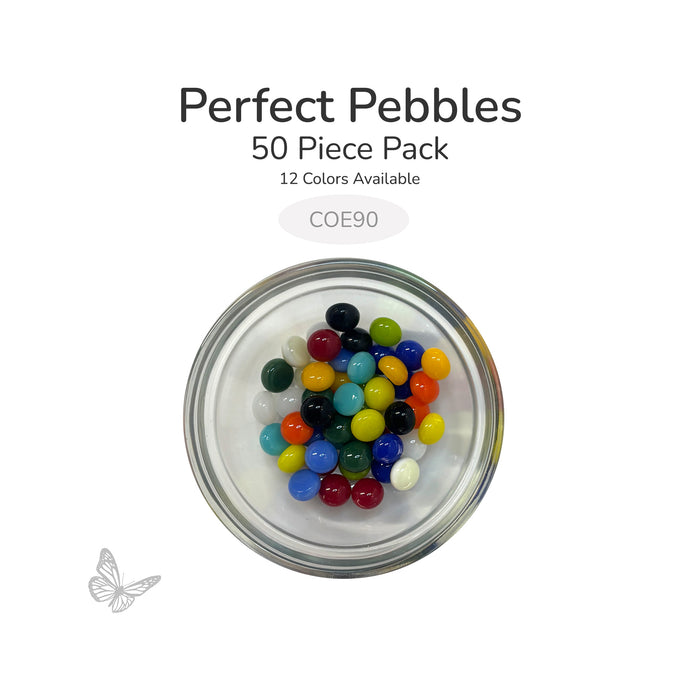 50 round glass pebbles in a clear dish labeled Perfect Pebbles 50 Piece Pack COE90 12 colors available