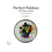 50 round glass pebbles in a clear dish labeled Perfect Pebbles 50 Piece Pack COE90 12 colors available