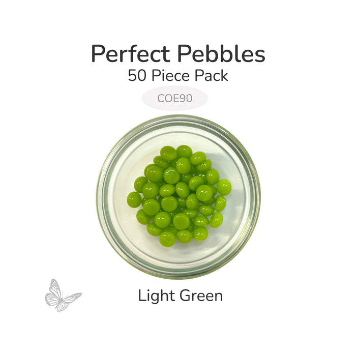 Assorted color round glass pebbles in a clear dish labeled Perfect Pebbles 50 Piece Pack COE90