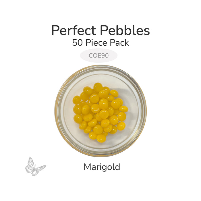 50 round marigold yellow glass pebbles in a clear dish labeled Perfect Pebbles 50 Piece Pack COE90