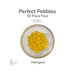 50 round marigold yellow glass pebbles in a clear dish labeled Perfect Pebbles 50 Piece Pack COE90