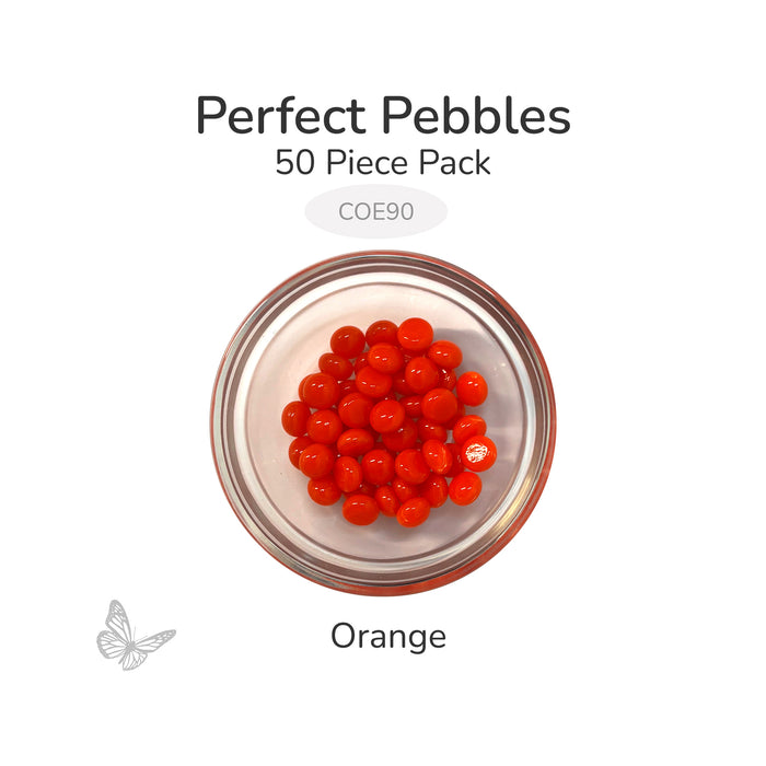 50 round orange glass pebbles in a clear dish labeled Perfect Pebbles 50 Piece Pack COE90