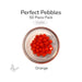 50 round orange glass pebbles in a clear dish labeled Perfect Pebbles 50 Piece Pack COE90
