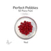 50 round red glass pebbles in a clear dish labeled Perfect Pebbles 50 Piece Pack COE90
