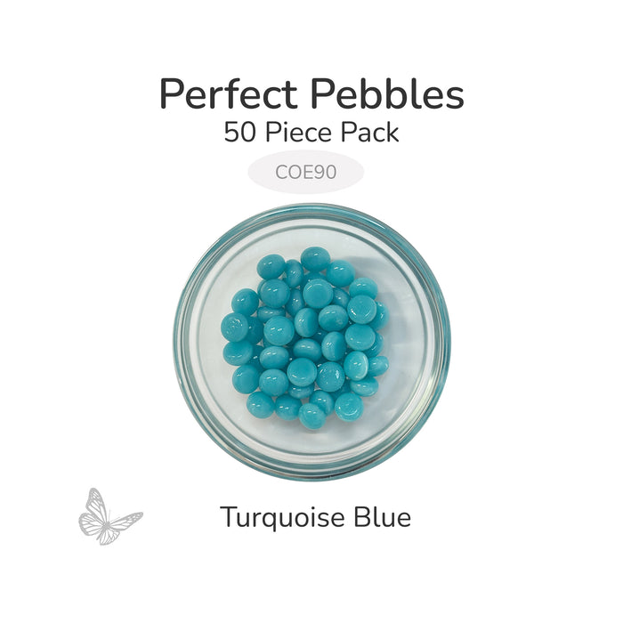 50 round turquoise blue glass pebbles in a clear dish labeled Perfect Pebbles 50 Piece Pack COE90
