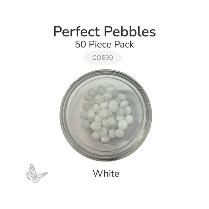 50 round turquoise blue glass pebbles in a clear dish labeled Perfect Pebbles 50 Piece Pack COE90