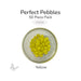 50 round yellow glass pebbles in a clear dish labeled Perfect Pebbles 50 Piece Pack COE90