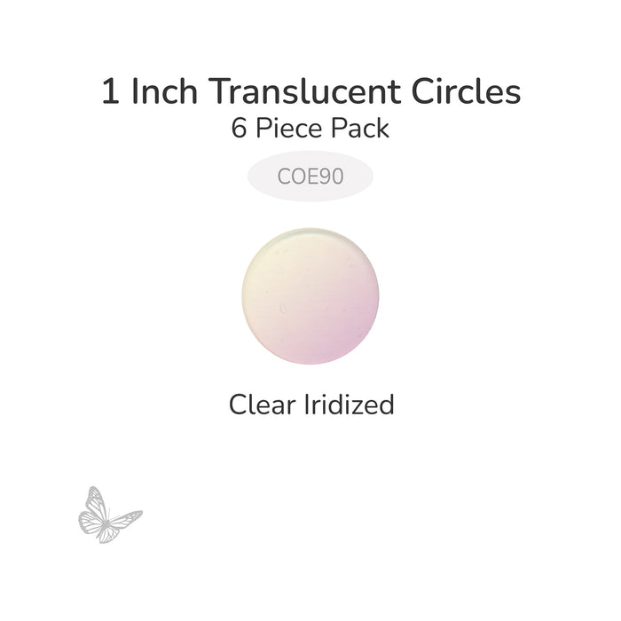 Precut translucent clear iridized circle glass shape, 1 inch diameter with iridescent surface, COE90 fusible glass.
