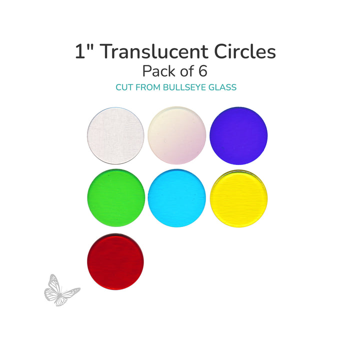 Assorted translucent circle glass shapes including clear, iridized, blue, green, turquoise, red, and yellow 1 inch diameter COE90.