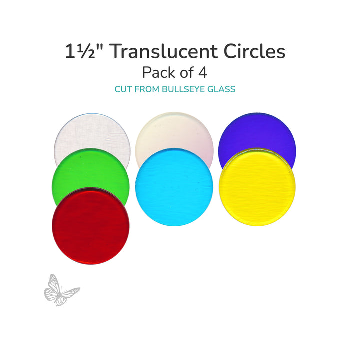 Assorted translucent circle glass shapes including clear, iridized, blue, green, turquoise, and yellow 1.5 inch diameter COE90.