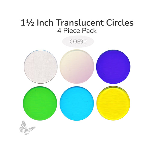 Assorted translucent circle glass shapes including clear, iridized, blue, green, turquoise, and yellow 1.5 inch diameter COE90.