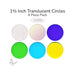 Assorted translucent circle glass shapes including clear, iridized, blue, green, turquoise, and yellow 1.5 inch diameter COE90.