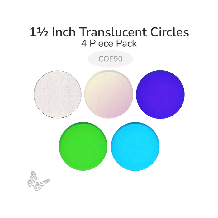 Assorted translucent circle glass shapes including clear, iridized, blue, green, and turquoise, 1.5 inch diameter COE90.