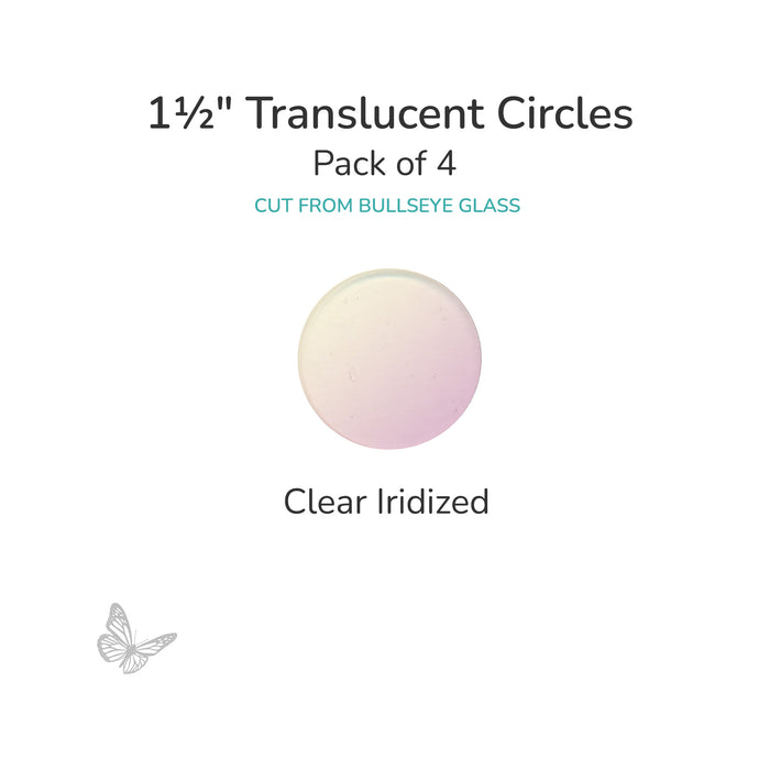 Precut translucent clear iridized circle glass shape, 1.5 inch diameter with iridescent surface, COE90 fusible glass.