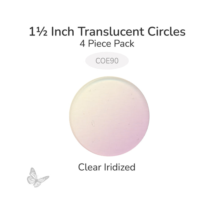 Precut translucent clear iridized circle glass shape, 1.5 inch diameter with iridescent surface, COE90 fusible glass.
