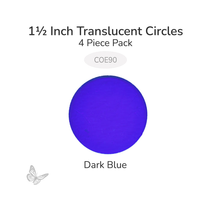 Precut translucent dark blue circle glass shape, 1.5 inch diameter, COE90 fusible glass for kiln forming and mosaics.
