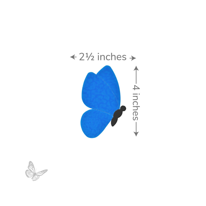 Blue butterfly glass shape with labeled dimensions 2.5 inches wide by 4 inches tall