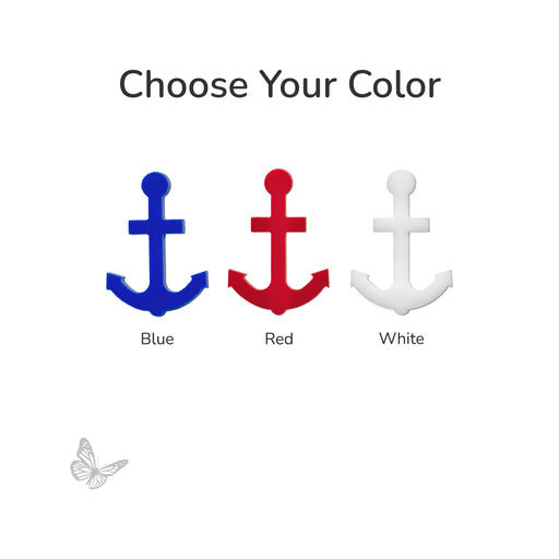 Three glass anchor shapes shown in blue, red, and white with text reading “Choose Your Color.”