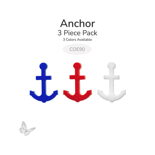 Bullseye COE90 anchor glass shapes displayed in blue, red, and white. Sold in packs of 3.