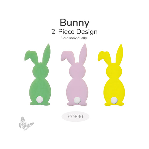 Precut glass bunny shape with a white tail shown in three color options: green, petal pink, and canary yellow