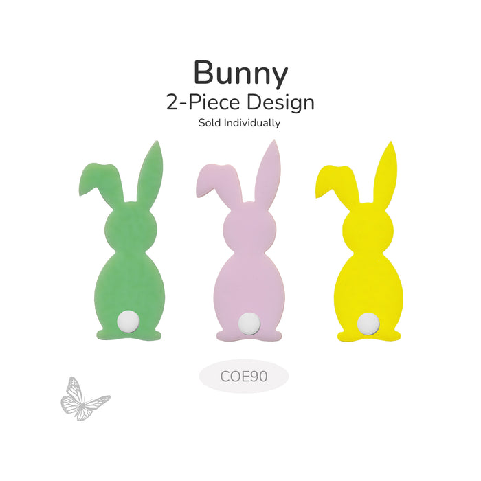 Precut glass bunny shape with a white tail shown in three color options: green, petal pink, and canary yellow