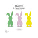 Precut glass bunny shape with a white tail shown in three color options: green, petal pink, and canary yellow