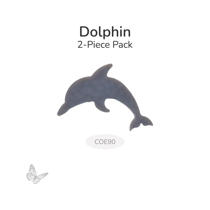Bullseye COE90 dolphin glass shape shown on white background, 2-piece pack