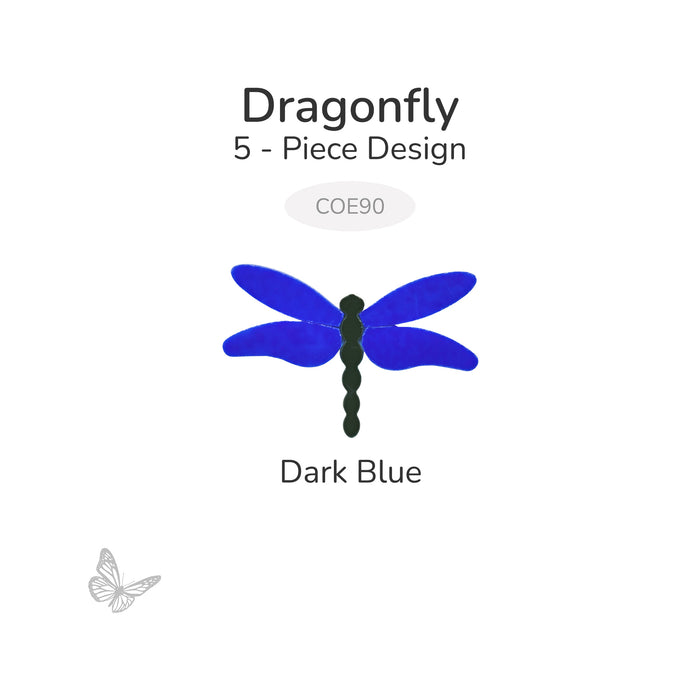 Dark blue dragonfly precut glass design made from five pieces, labeled COE90, shown on a white background.