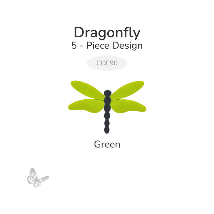 Green dragonfly precut glass design made from five pieces, labeled COE90, shown on a white background.