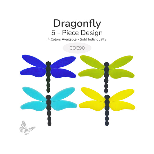 Four color options for the dragonfly precut glass design in COE90: dark blue, green, turquoise, and yellow, sold individually.