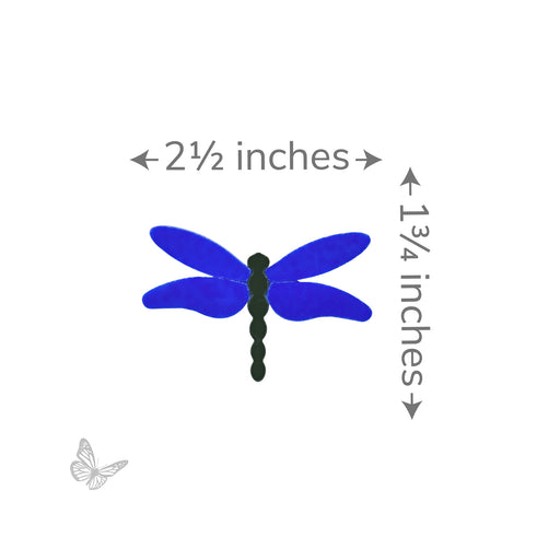 Dragonfly precut glass design with dimensions shown as 2 1/2 inches wide by 1 3/4 inches tall. COE90