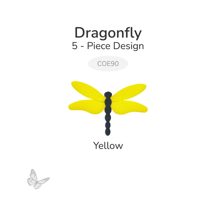 Yellow dragonfly precut glass design made from five pieces, labeled COE90, shown on a white background.